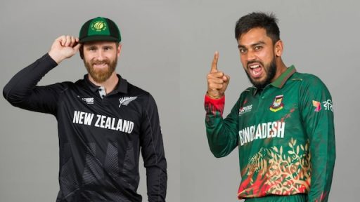 New Zealand, Bangladesh cricketers posing in team jerseys