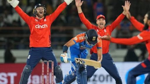 Cricket players celebrating during a night match