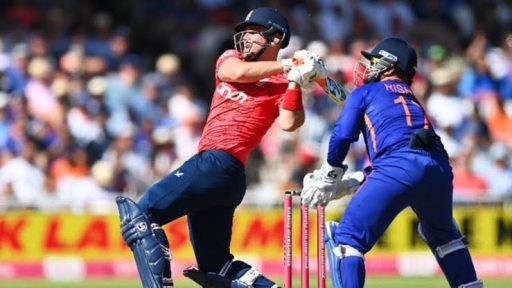 Cricket batter hitting ball during international match