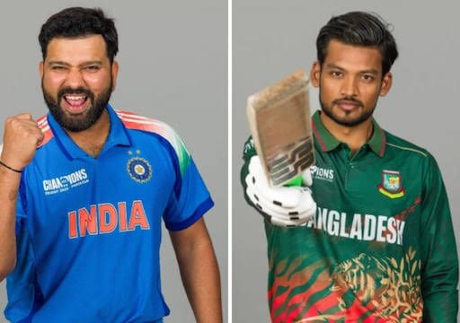 Indian and Bangladeshi cricketers smiling in national jerseys