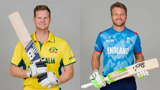 Australian and English cricketers holding bats