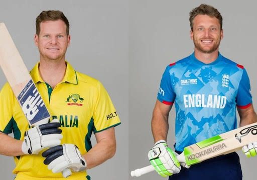 Australian and English cricketers holding bats